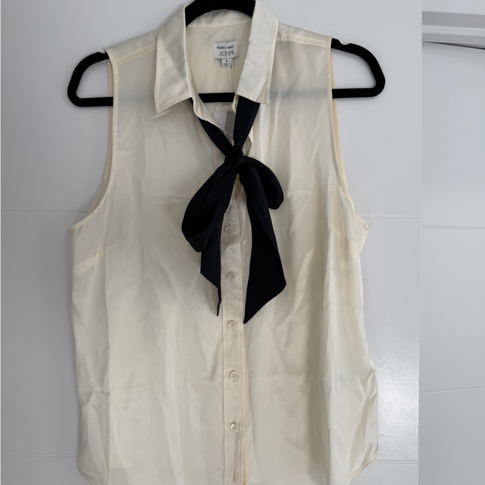 J. Crew Ivory Sleeveless Blouse with Black Tie